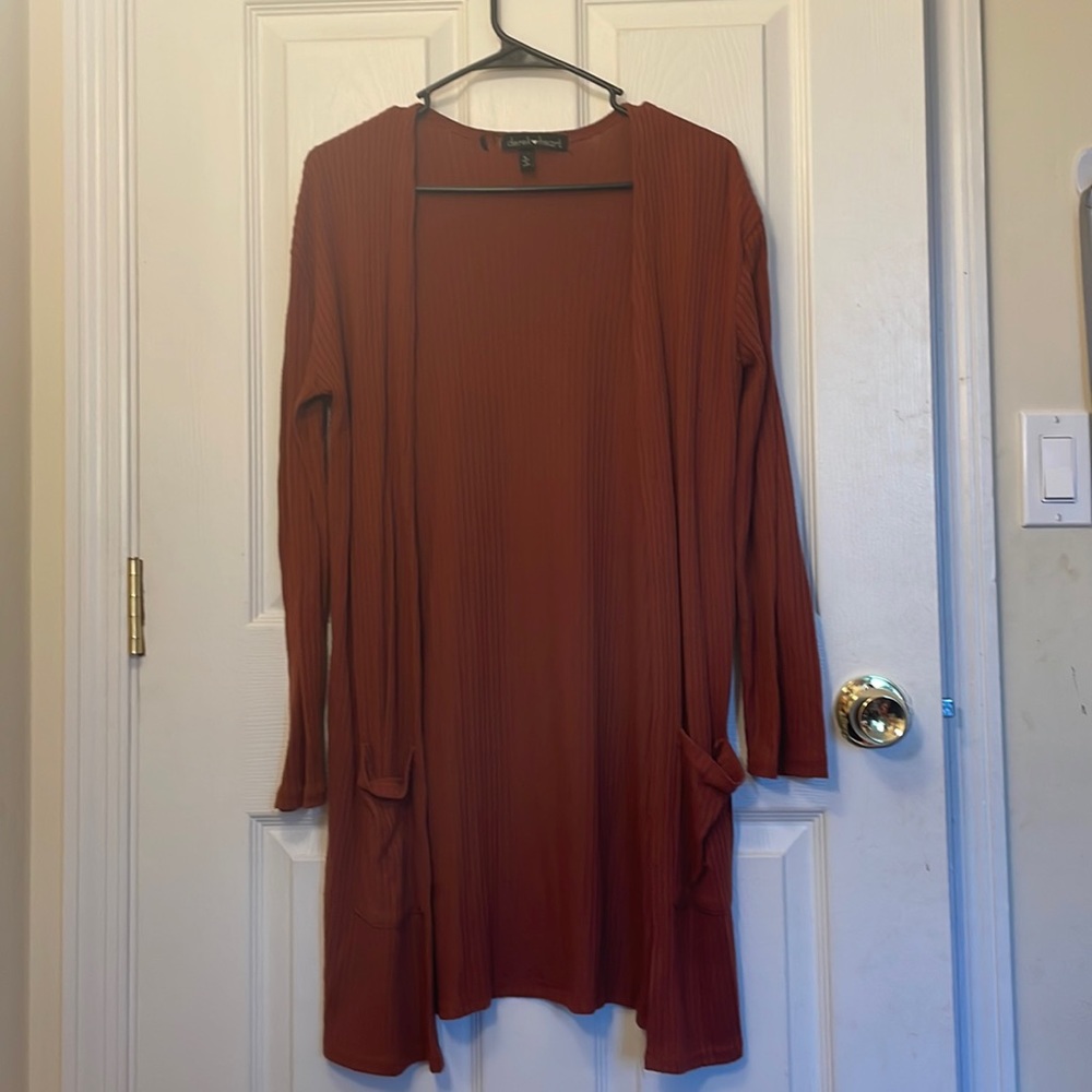 Burnt Orange / rust colored long cardigan with pockets, size large